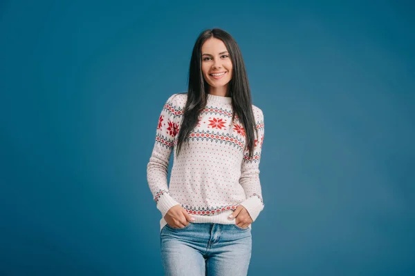 Cheerful Woman Posing Winter Sweater Isolated Blue — Stock Photo, Image