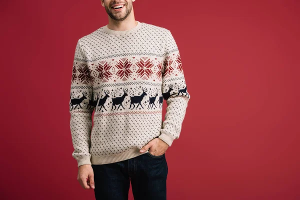 Cropped View Smiling Man Posing Winter Sweater Isolated Red — Stock Photo, Image