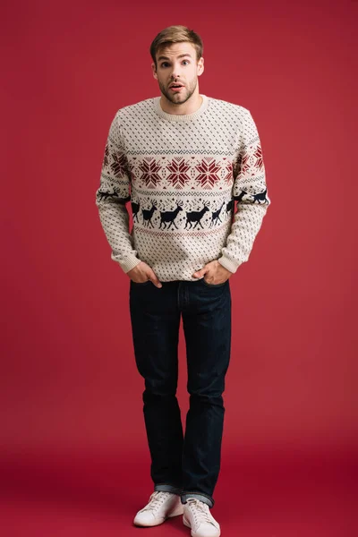 Surprised Man Posing Winter Sweater Isolated Red — Stock Photo, Image