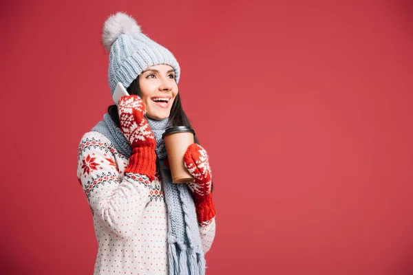 Attractive Woman Winter Clothes Talking Smartphone Holding Coffee Isolated Red — Stock Photo, Image