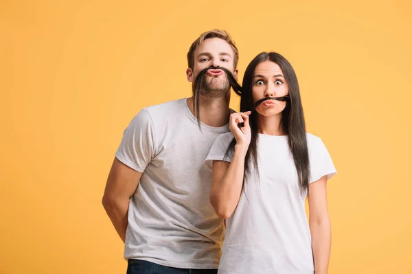 Funny Couple White Shirts Making Mustache Hair Isolated Yellow — Stock Photo, Image