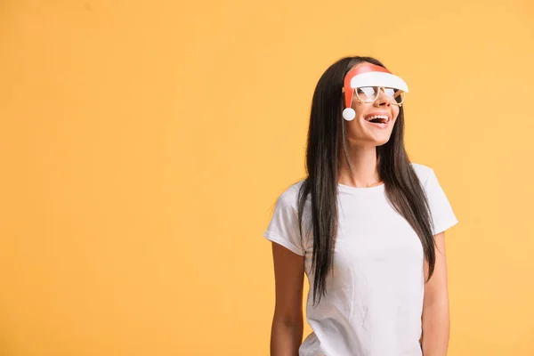 Excited Woman White Shirt Glasses Santa Hat Isolated Yellow — Stock Photo, Image