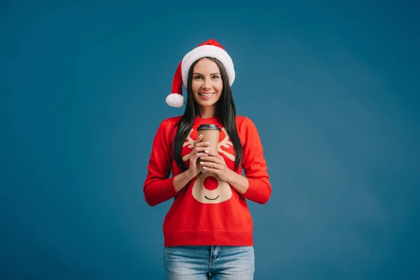 Beautiful Woman Santa Hat Christmas Sweater Holding Coffee Isolated Blue — Stock Photo, Image