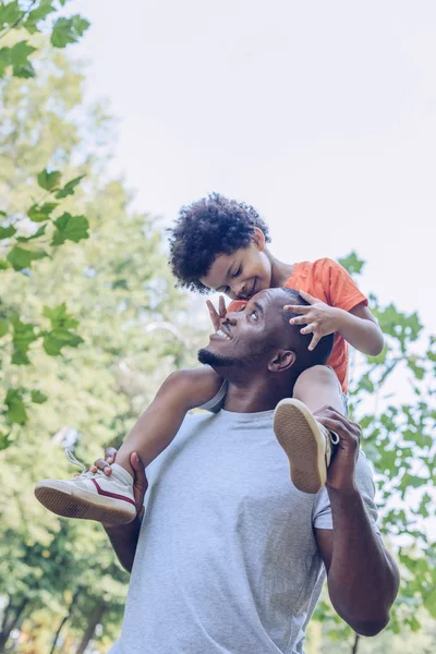 Feliz Africano Americano Hombre Piggybacking Adorable Hijo Mientras Caminando Parque —  Fotos de Stock