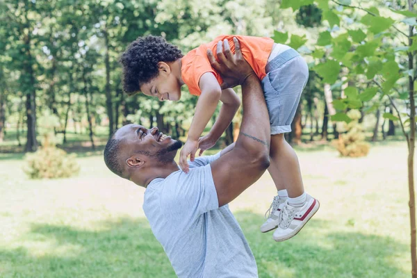 Wesoły Afroamerykanin Mężczyzna Trzymając Syna Nad Głową Podczas Spaceru Parku — Zdjęcie stockowe