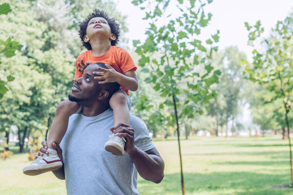 happy african american father piggybacking adorable son in park