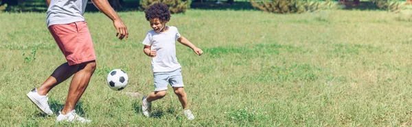 公園でサッカーをしているアフリカ系アメリカ人の父親と息子のパノラマ写真です — ストック写真