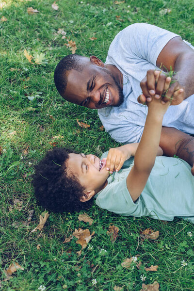cheerful african american father and son having fun while lying on lawn in park