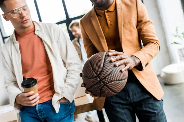 Cropped View African American Businessman Holding Volleyball While Standing Colleague — Stock Photo, Image