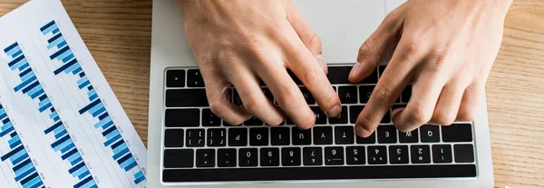 Cropped View Businessman Working Laptop Paper Graphs Charts Panoramic Shot — Stock Photo, Image