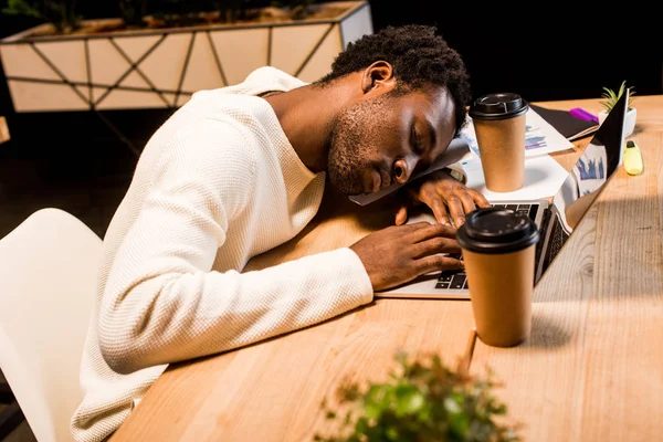 Exhausted African American Businessman Sleeping Workplace Laptop Disposable Cups Night — Stock Photo, Image