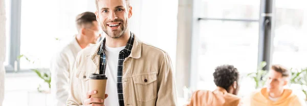 Panoramic Shot Young Businessman Holding Coffee Smiling Camera — Stock Photo, Image