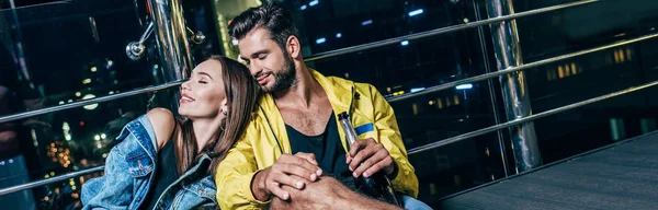 Panoramic Shot Attractive Girlfriend Lying Shoulder Her Boyfriend Bottle Night — Stock Photo, Image
