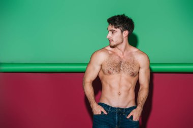 Kot pantolonlu, cebinde el ele tutuşan, yeşil ve kırmızı arka plana bakan seksi gömleksiz adam.