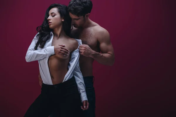 Shirtless Man Undressing Sexy Girl Unbuttoned White Shirt Dark Background — ストック写真