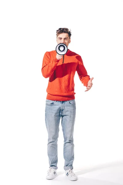 Homem Zangado Gritando Megafone Isolado Branco — Fotografia de Stock