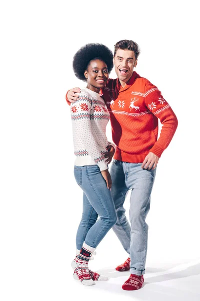 Cheerful Multiethnic Couple Hugging Isolated White — Stock Photo, Image