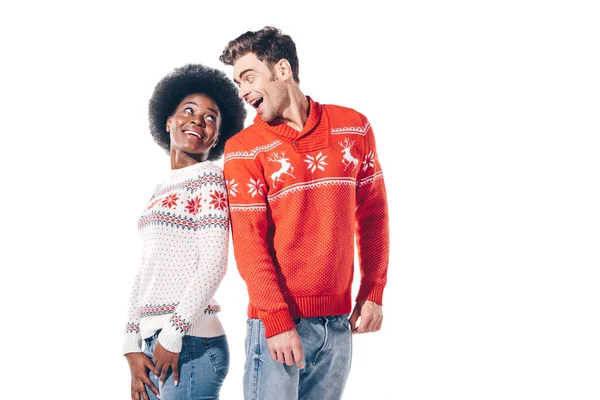 Happy Multiethnic Couple Looking Each Other Isolated White — Stock Photo, Image