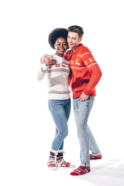 Beautiful Young Interracial Couple Using Smartphone Isolated White — Stock Photo, Image