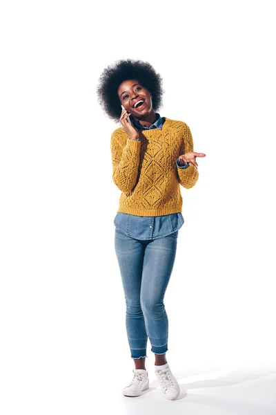 Cheerful African American Girl Talking Smartphone Isolated White — Stock Photo, Image