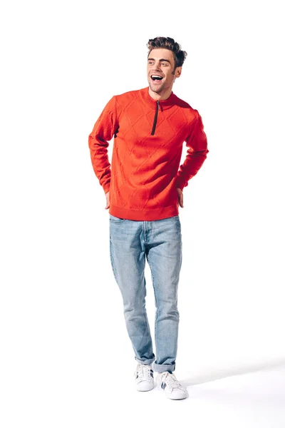 Handsome Cheerful Man Red Sweater Isolated White — Stock Photo, Image