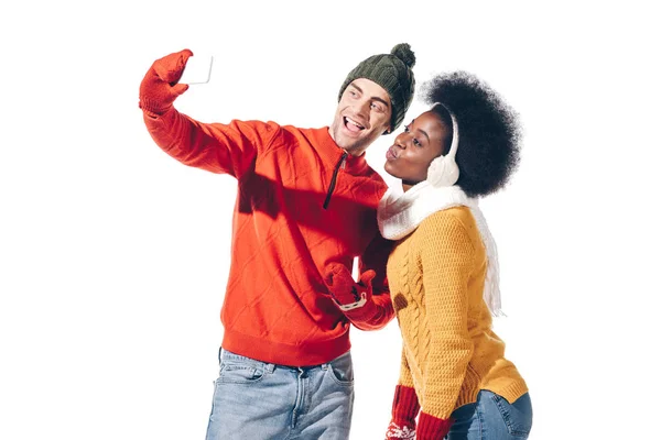 Happy Interracial Couple Taking Selfie Smartphone Isolated White — Stock Photo, Image