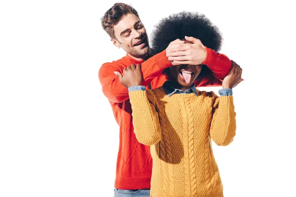 Hombre Guapo Cerrando Los Ojos Novia Sacando Lengua Aislado Blanco — Foto de Stock