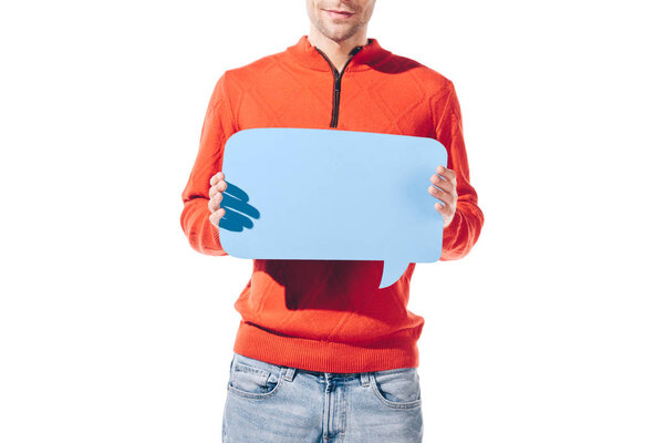 cropped view of man holding blue empty thought bubble, isolated on white