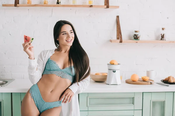 Happy Sensual Girl Lingerie White Shirt Holding Watermelon Piece Kitchen — Stock Photo, Image