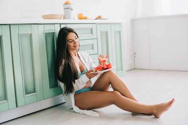 Smiling Woman Lingerie White Shirt Eating Watermelon Floor Kitchen — Stock Photo, Image