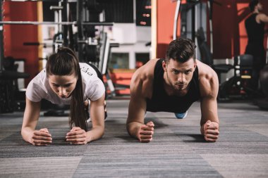 attractive trainer doing plank exercise together with handsome sportsman clipart