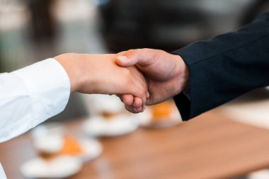 cropped view of woman shaking hands with man  clipart