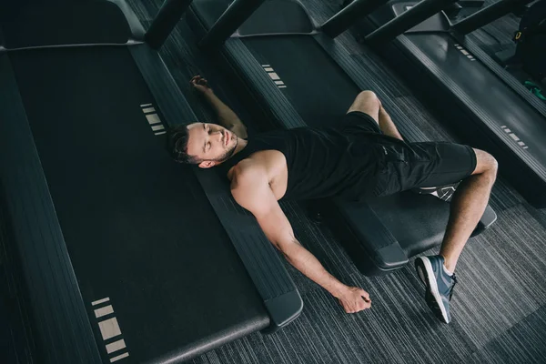 Top View Unconscious Sportsman Lying Treadmill Gym — Stock Photo, Image