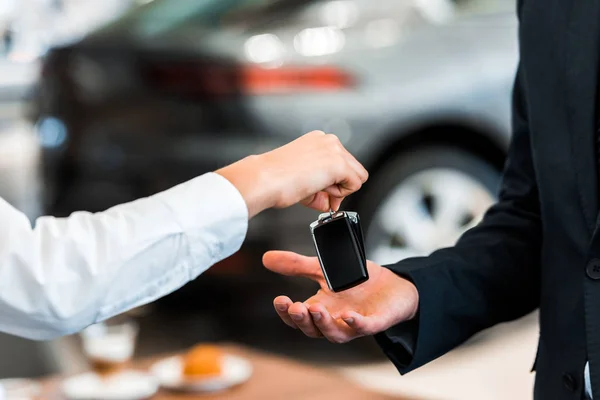Cropped View Car Dealer Giving Car Key Man — Stock Photo, Image