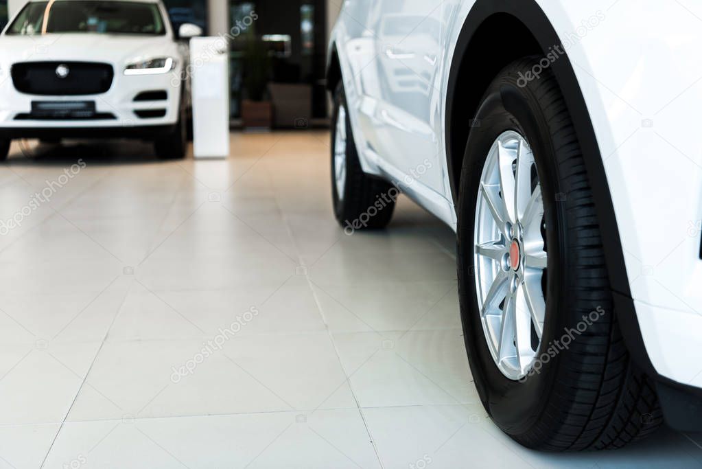 selective focus of white shiny cars in car showroom 
