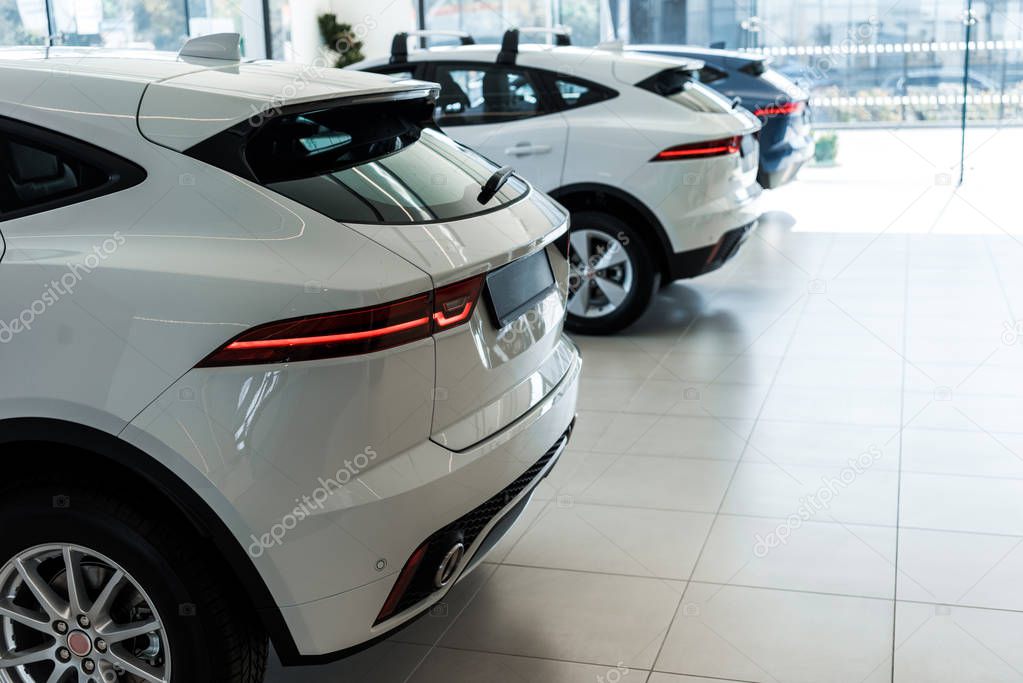 selective focus of white shiny cars in car showroom 