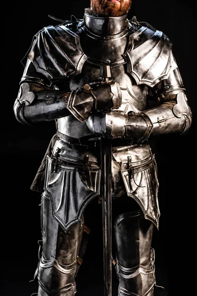 Cropped View Knight Armor Holding Sword Isolated Black — Stock Photo, Image