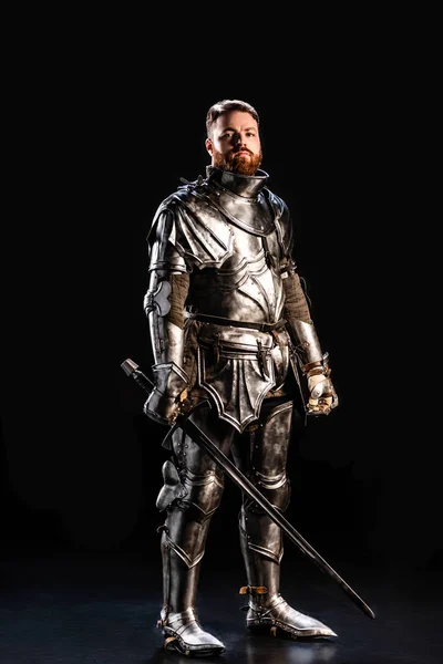 Handsome Knight Armor Holding Sword Isolated Black — Stock Photo, Image