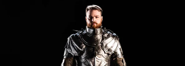 Panoramic Shot Handsome Knight Armor Isolated Black — Stock Photo, Image