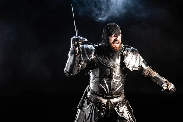 Handsome Angry Knight Armor Fighting Sword Black Background — Stock Photo, Image