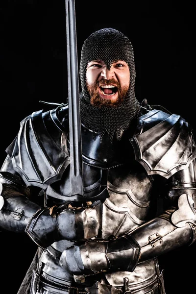 Handsome Knight Armor Holding Sword Scream Isolated Black — Stock Photo, Image