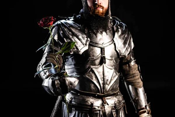 Cropped View Knight Armor Holding Rose Isolated Black — Stock Photo, Image