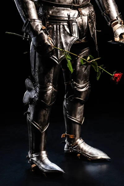 Cropped View Knight Armor Holding Rose Black Background — Stock Photo, Image