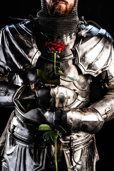 Обрезанный вид рыцаря в доспехах, держащего розу, изолированный на черном
 