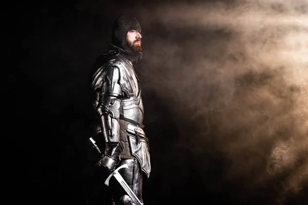 Handsome Knight Armor Holding Sword Black Background — Stock Photo, Image
