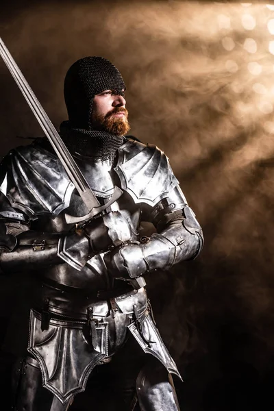 Handsome Knight Armor Holding Sword Black Background — Stock Photo, Image