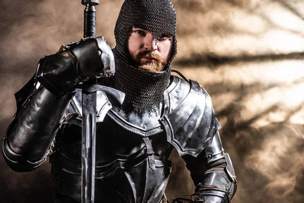 Handsome Knight Armor Holding Sword Black Background — Stock Photo, Image