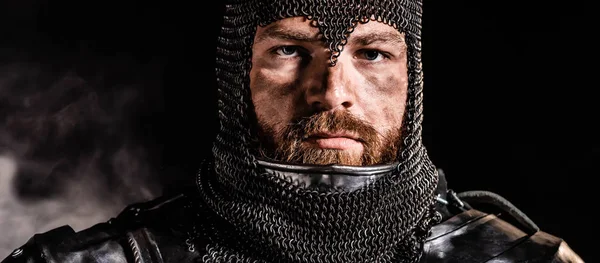 Panoramic Shot Handsome Knight Armor Looking Camera Black Background — Stock Photo, Image