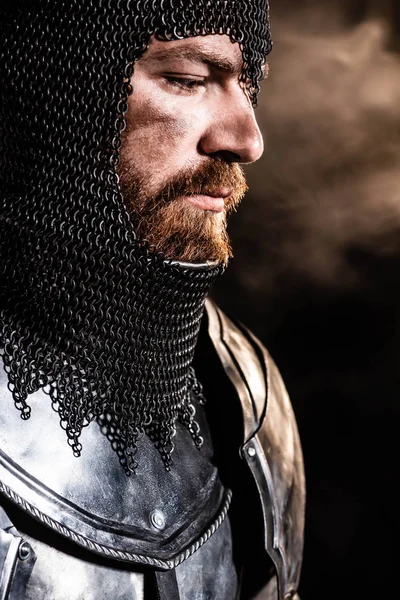 Handsome Knight Armor Looking Away Black Background — Stock Photo, Image