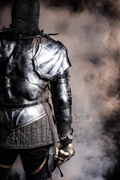 Cropped View Knight Armor Holding Sword Black Background — Stock Photo, Image